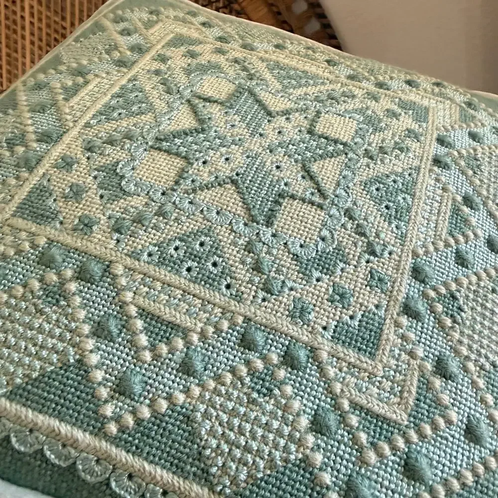 Vintage Hardanger Embroidery pillow blue decorative pillow 13x13 in